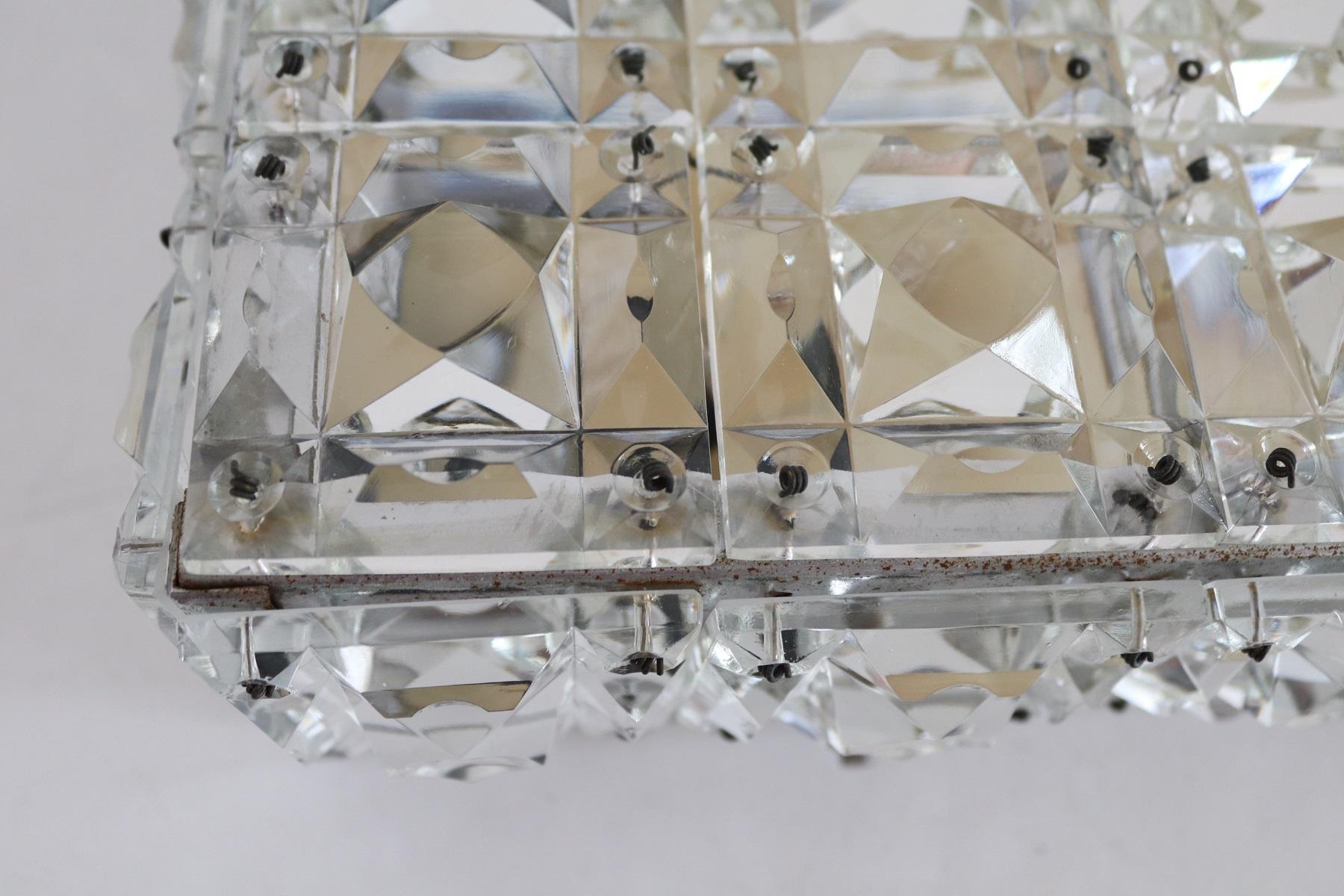 Midcentury Crystal Glass Flush Mount Chandelier with Chrome Base, 1960s For Sale 1