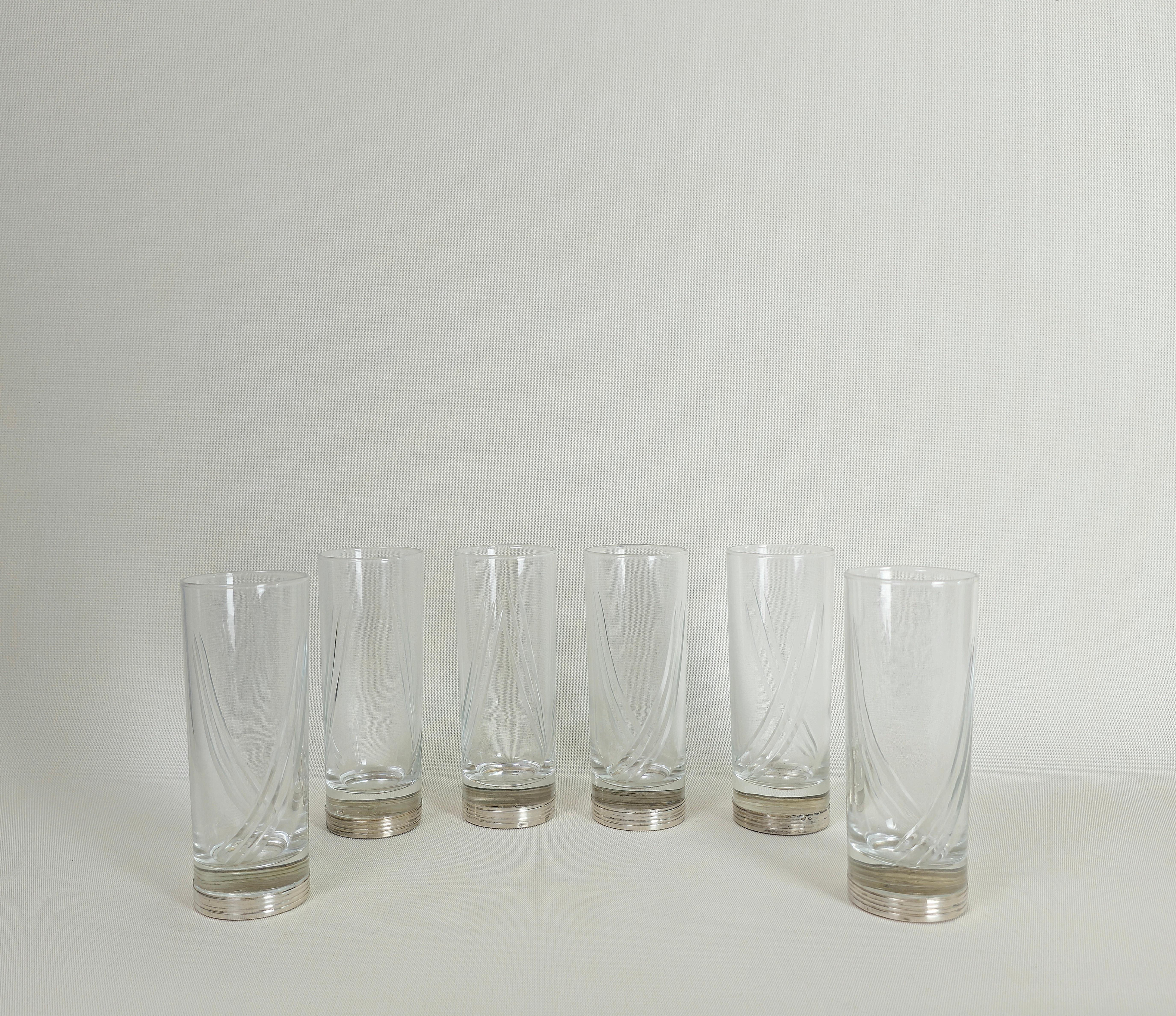 Midcentury Crystal Glass Transparent Silver 800 Italian Design 1960s Set of 6 In Good Condition For Sale In Palermo, IT