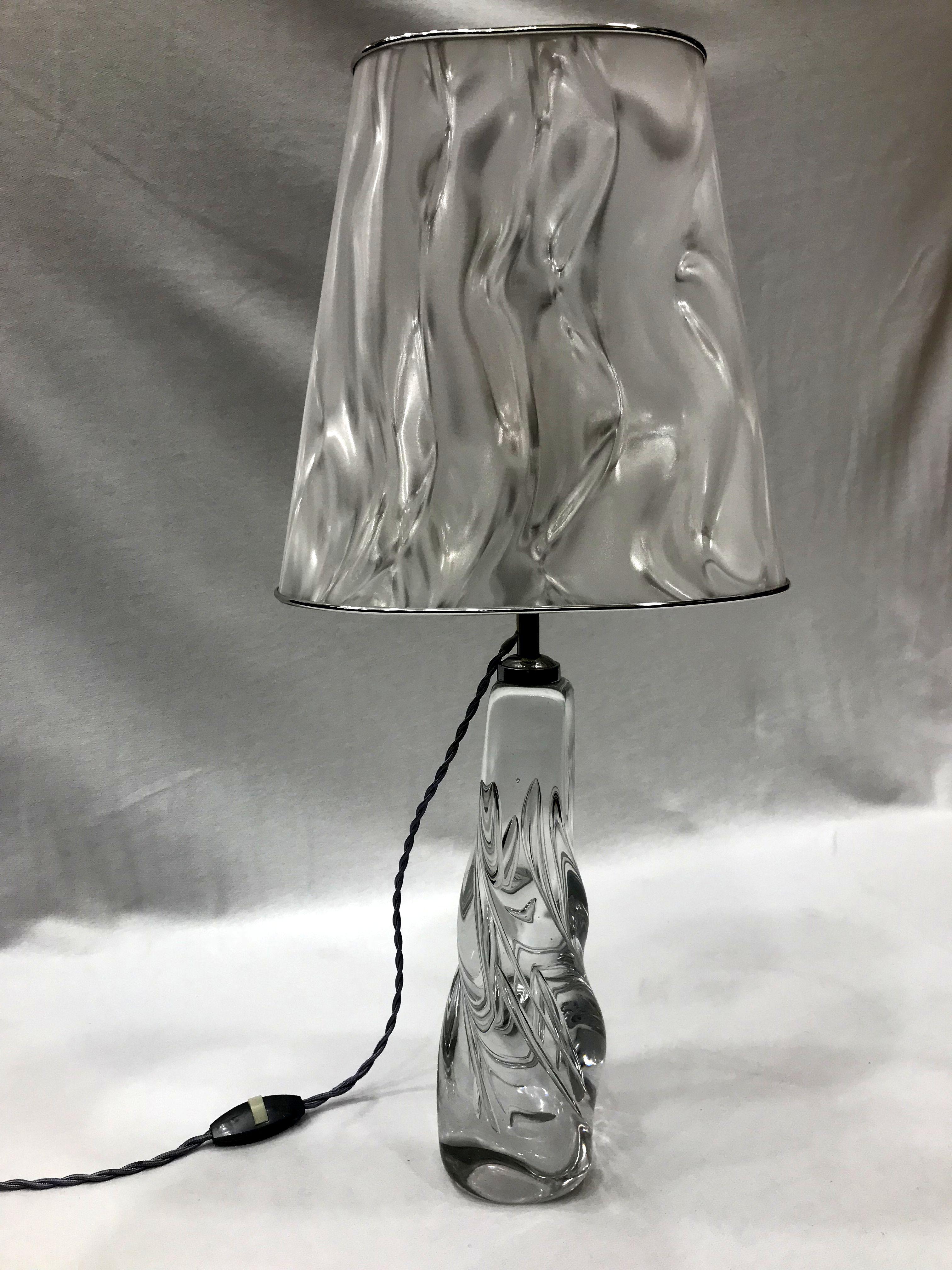 Beautiful crystal lamp from France was made by famous Schneider glass-work. Newly rewired with new unique special plastic shade. From period 1970-1981. Shades are available in different colors, black or white also. Measurements of base D=9 cm, H=33