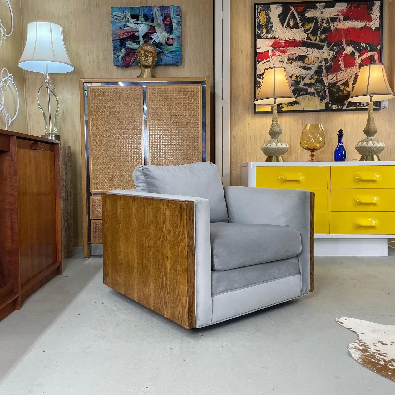 American Milo Baughman StyleGrey Velvet Mid-century Cubist Modern Club Chair For Sale