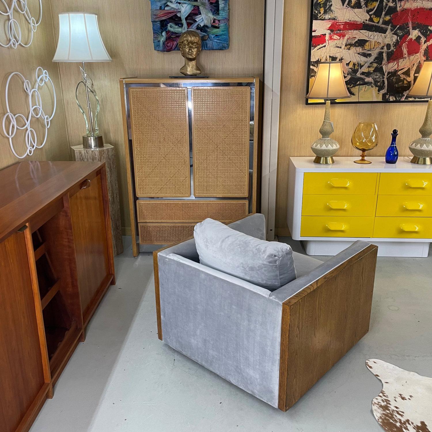 Upholstery Milo Baughman StyleGrey Velvet Mid-century Cubist Modern Club Chair For Sale