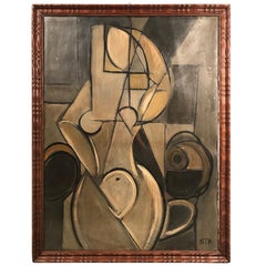 Midcentury Cubist Portrait of Nude Woman Oil on Cardboard Painting