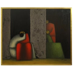 Midcentury Cubist Style Figural Painting, Signed and Dated 1965