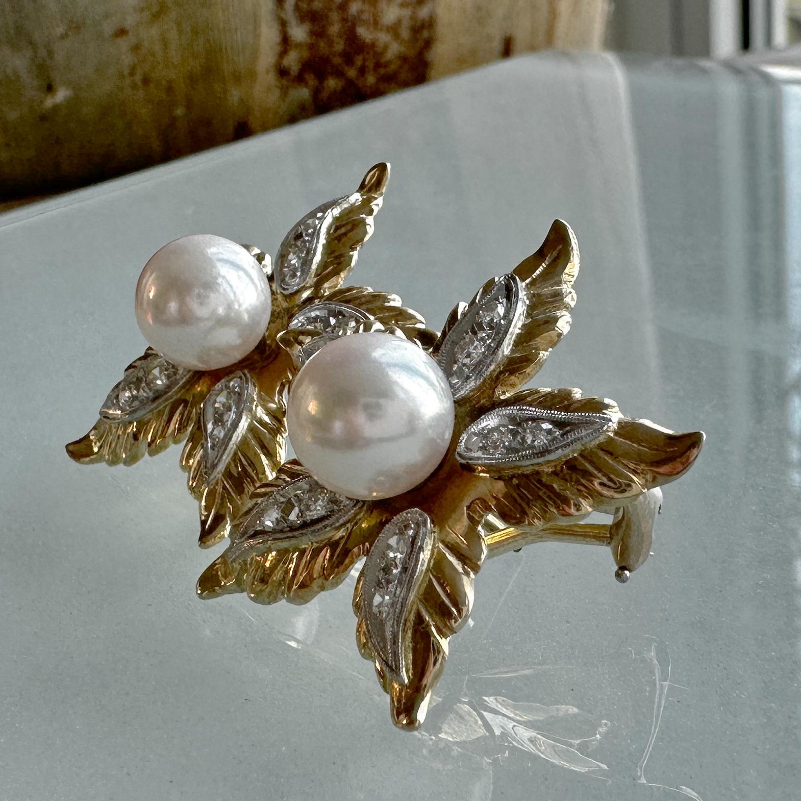 8.5mm Akoya Pearls in Large Flower Earrings of 18K Gold & Platinum with Diamonds In Excellent Condition For Sale In Sherman Oaks, CA