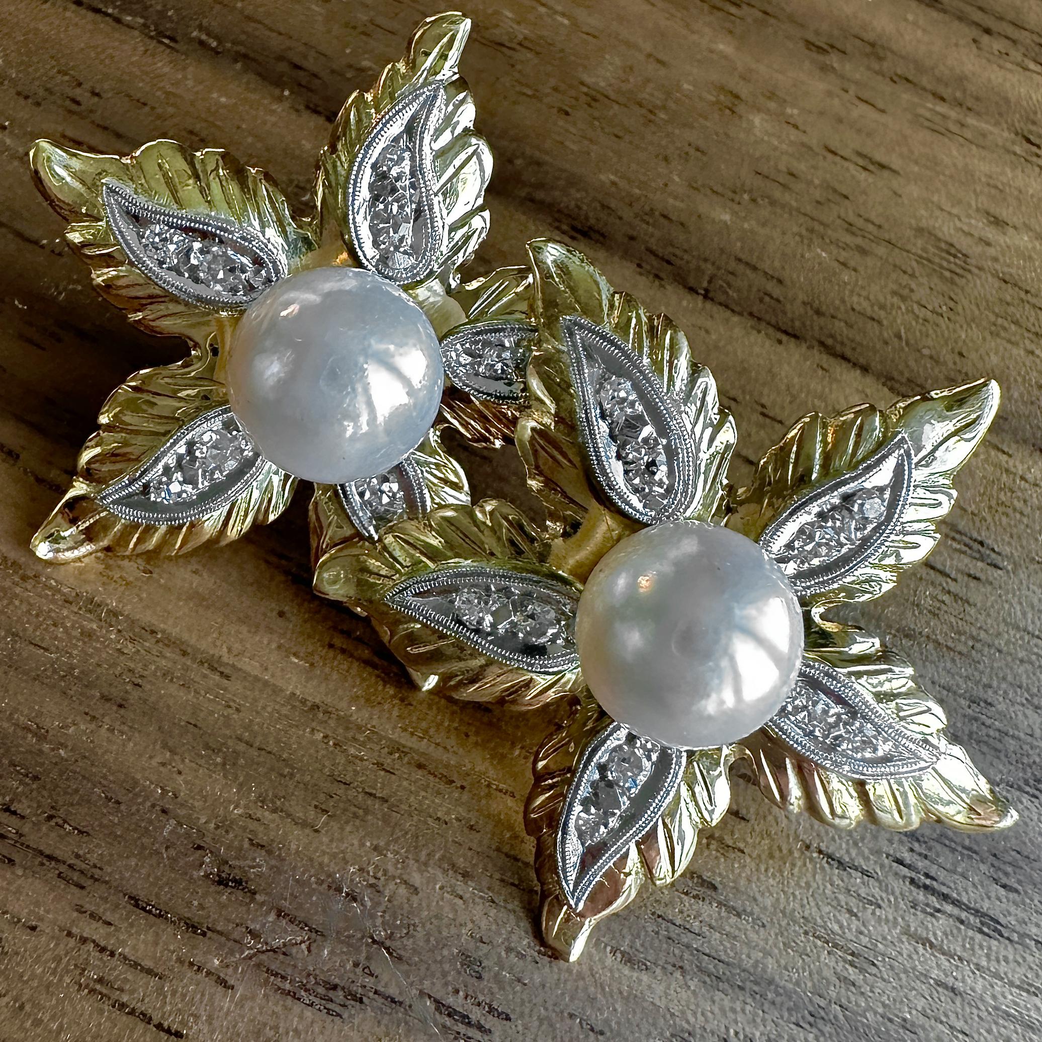 8.5mm Akoya Pearls in Large Flower Earrings of 18K Gold & Platinum with Diamonds For Sale 2