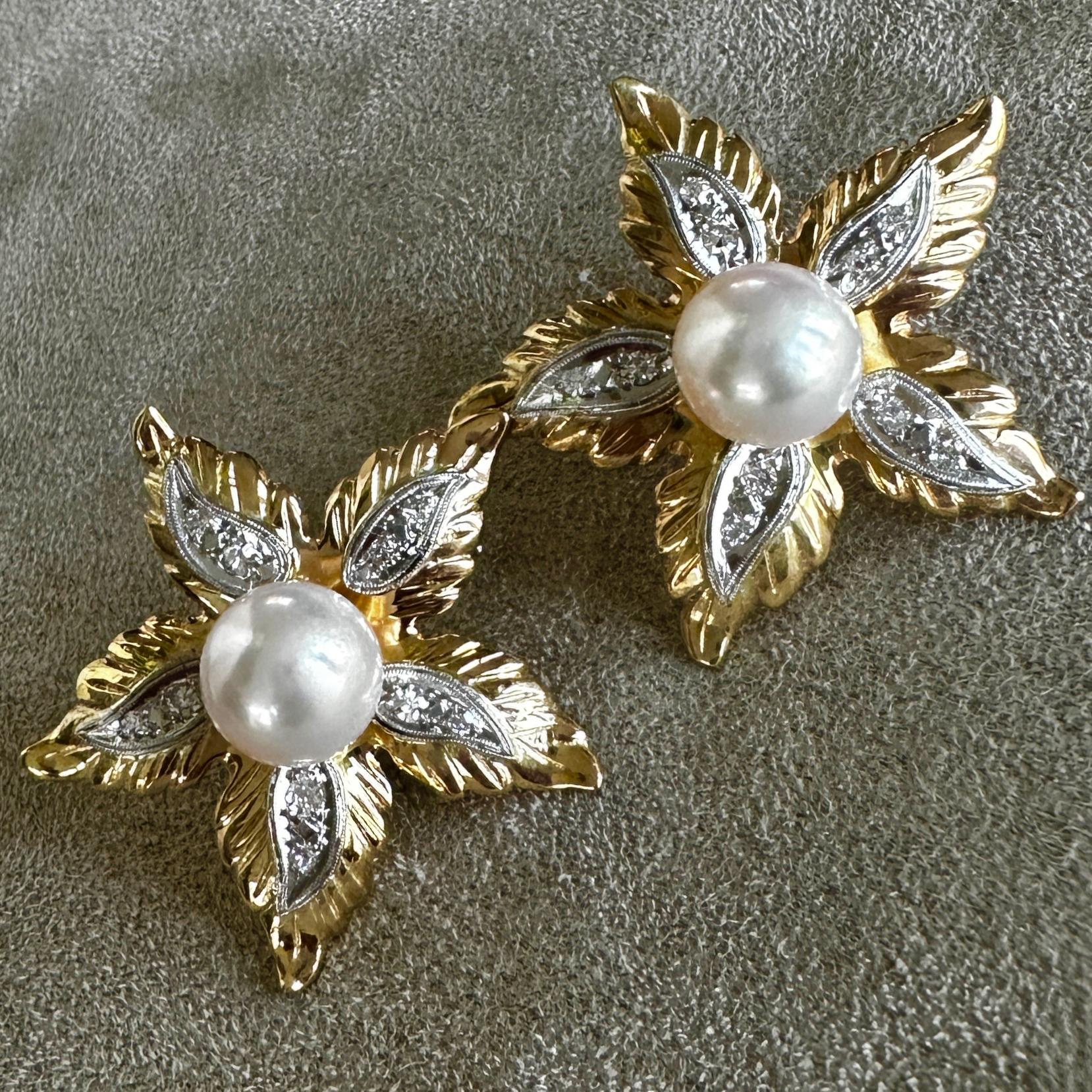 8.5mm Akoya Pearls in Large Flower Earrings of 18K Gold & Platinum with Diamonds For Sale 3