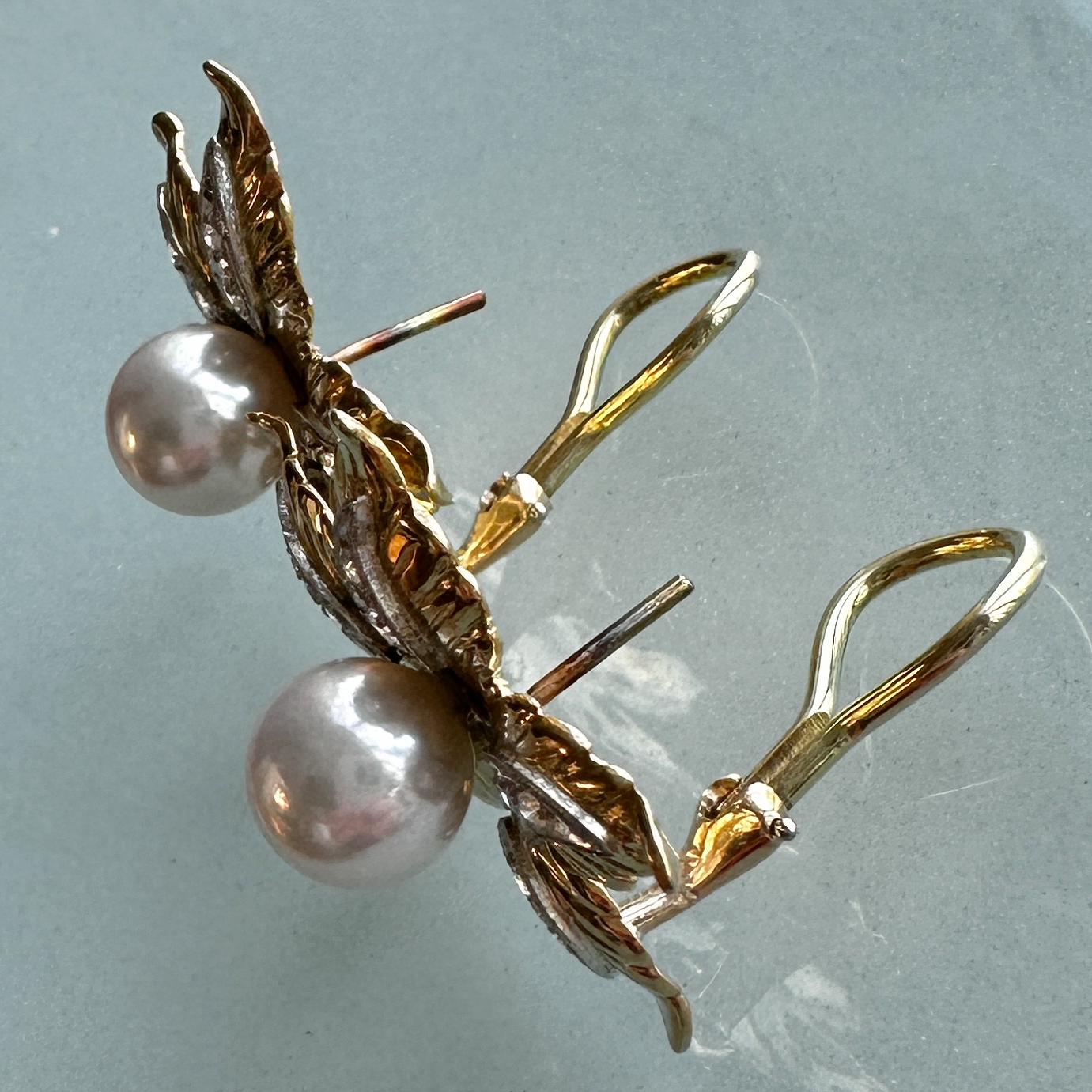 8.5mm Akoya Pearls in Large Flower Earrings of 18K Gold & Platinum with Diamonds For Sale 6