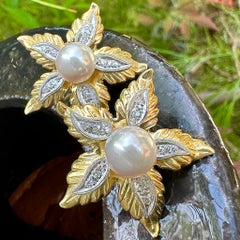 Large 18K Gold & Platinum Flower Earrings with 8.5mm Akoya Pearls & Diamonds
