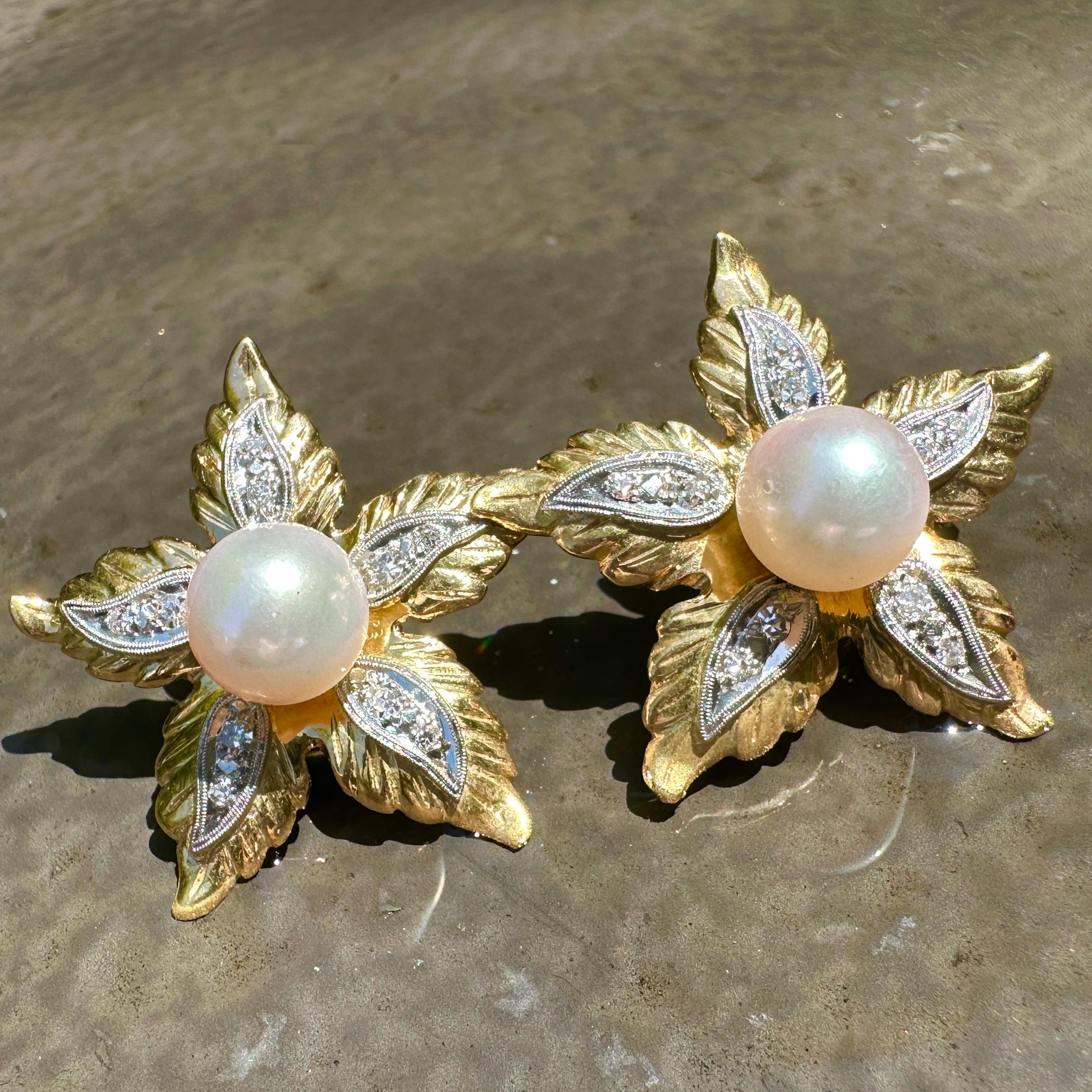Women's or Men's 8.5mm Akoya Pearls in Large Flower Earrings of 18K Gold & Platinum with Diamonds For Sale