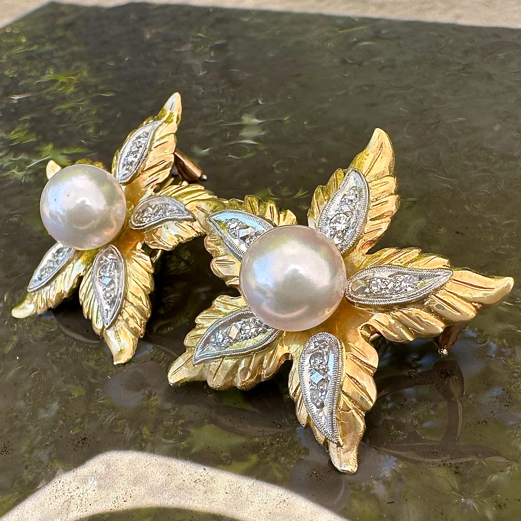 8.5mm Akoya Pearls in Large Flower Earrings of 18K Gold & Platinum with Diamonds For Sale 5