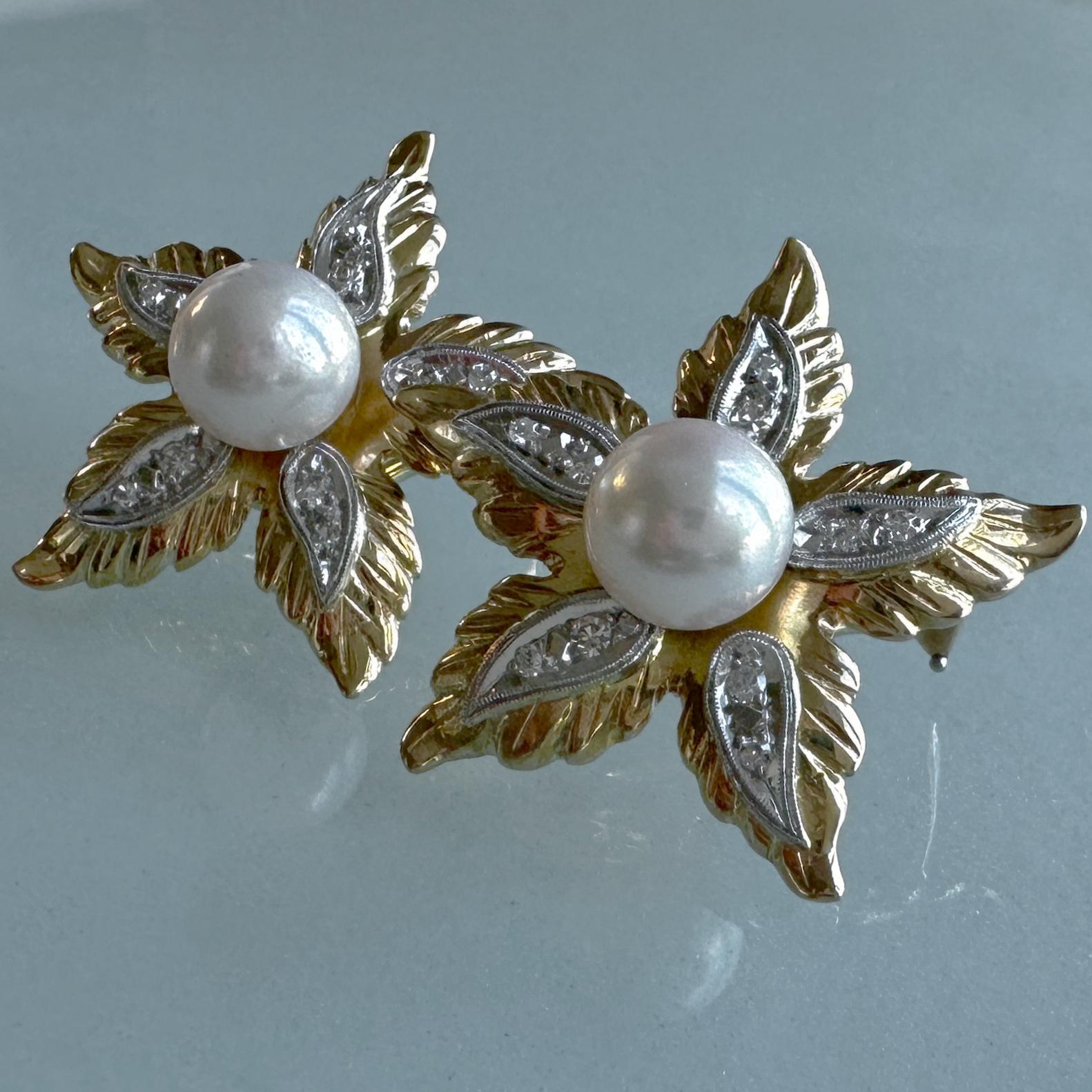 Round Cut 8.5mm Akoya Pearls in Large Flower Earrings of 18K Gold & Platinum with Diamonds For Sale