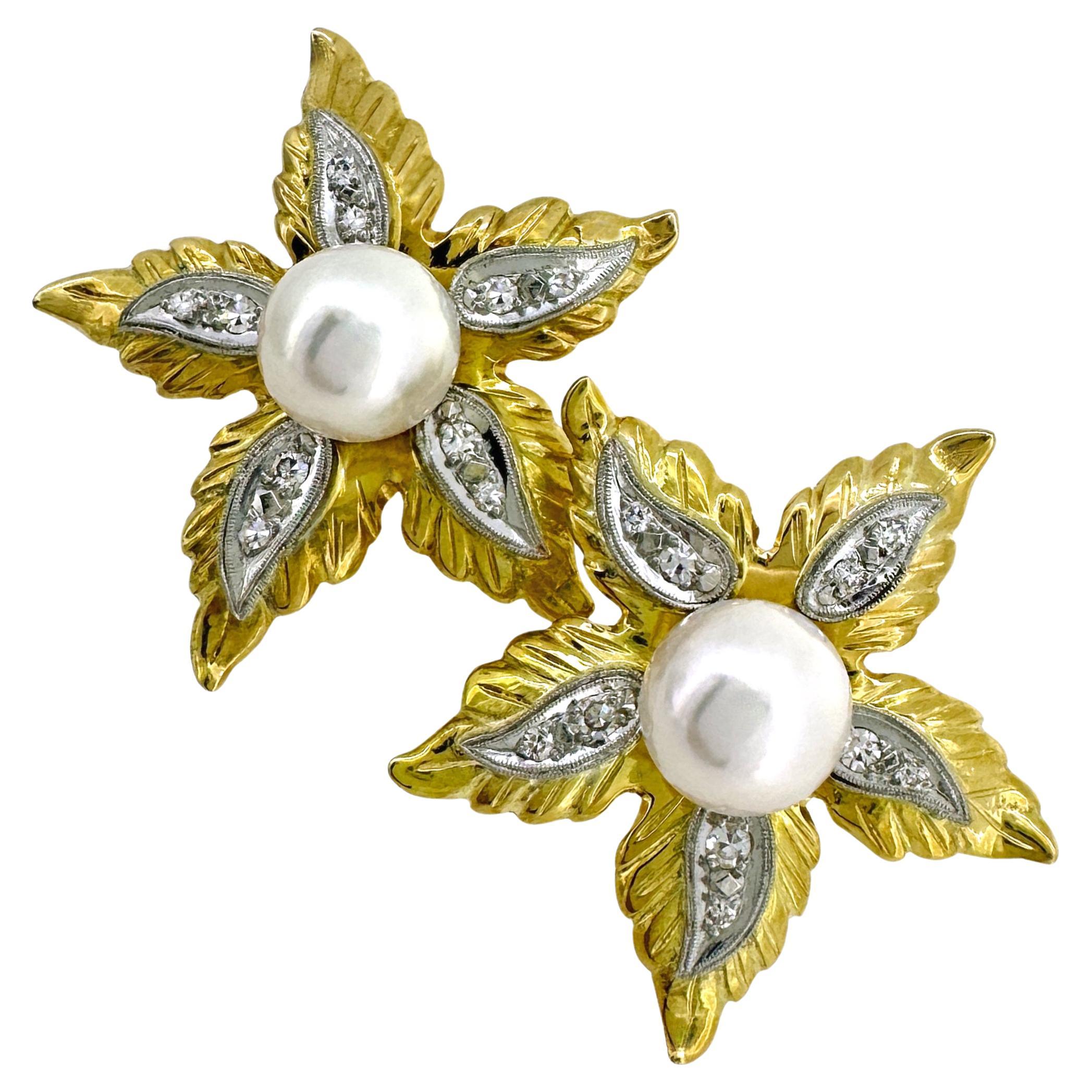 8.5mm Akoya Pearls in Large Flower Earrings of 18K Gold & Platinum with Diamonds For Sale