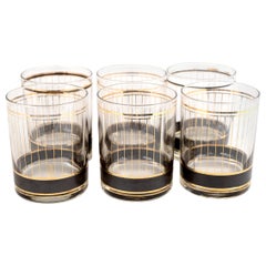 Vintage Midcentury Culver Ltd. Black & 24-Karat Gold Striped Cocktail Glasses, Set of 6