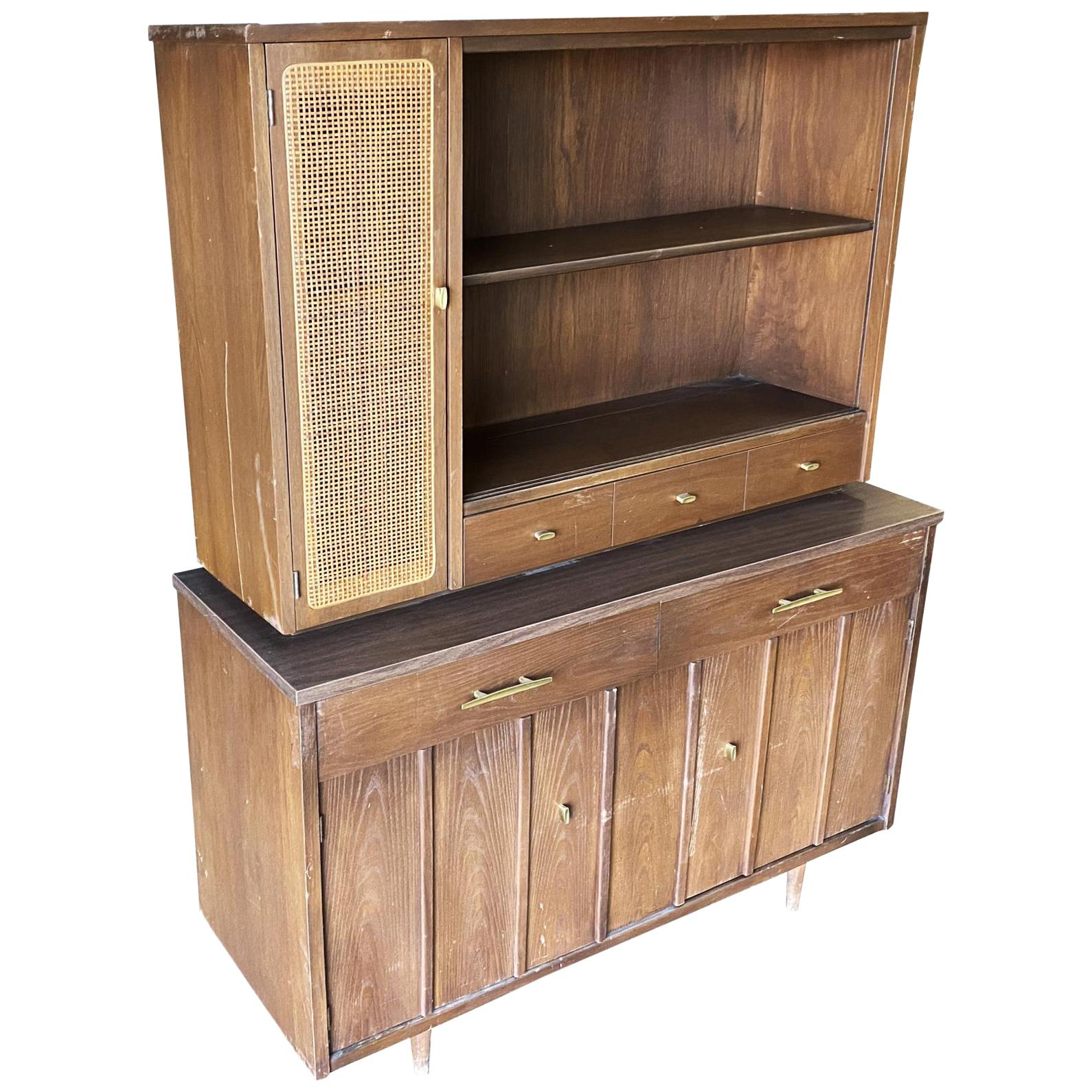 Midcentury Cupboard China Cabinet Shelf with Wicker Accents by Holman For Sale