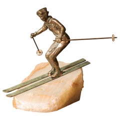 Retro Mid Century Curtis Jere Bronze Skier Sculpture on Stone for Artisan House