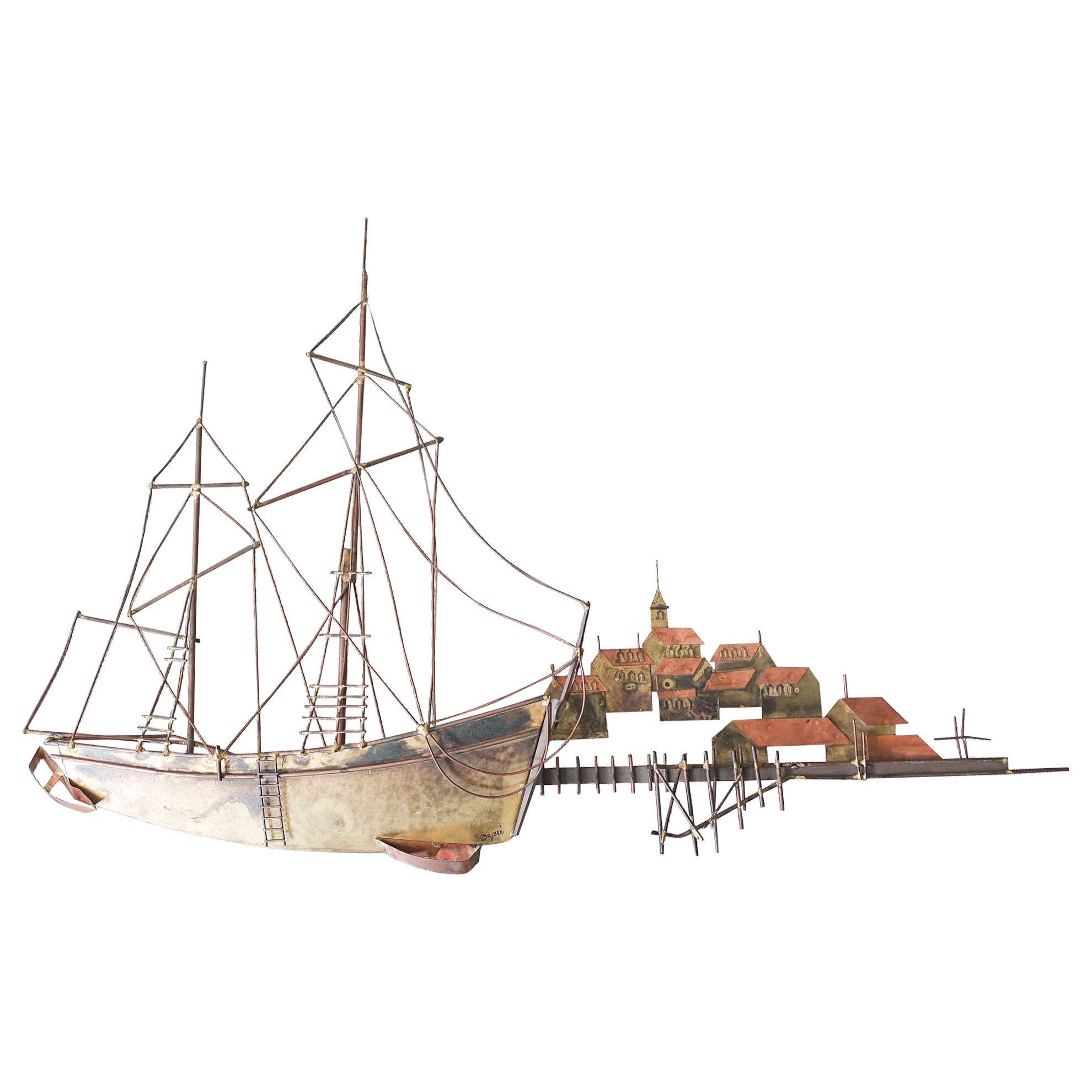 Midcentury Curtis Jeré Brutalist Boat with Harbour Village Wall Sculpture