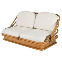 Gebogenes italienisches Sofa aus der Mitte des Jahrhunderts aus Bambus, Ahorn und Leder, weißer Stoff, 1960er