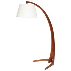 Midcentury Curved Cherry Wood Reading Lamp with Shade, Italy, circa 1950
