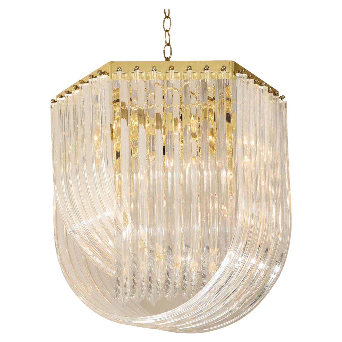 Midcentury Curved Lucite Ribbon Chandelier in Brass For Sale