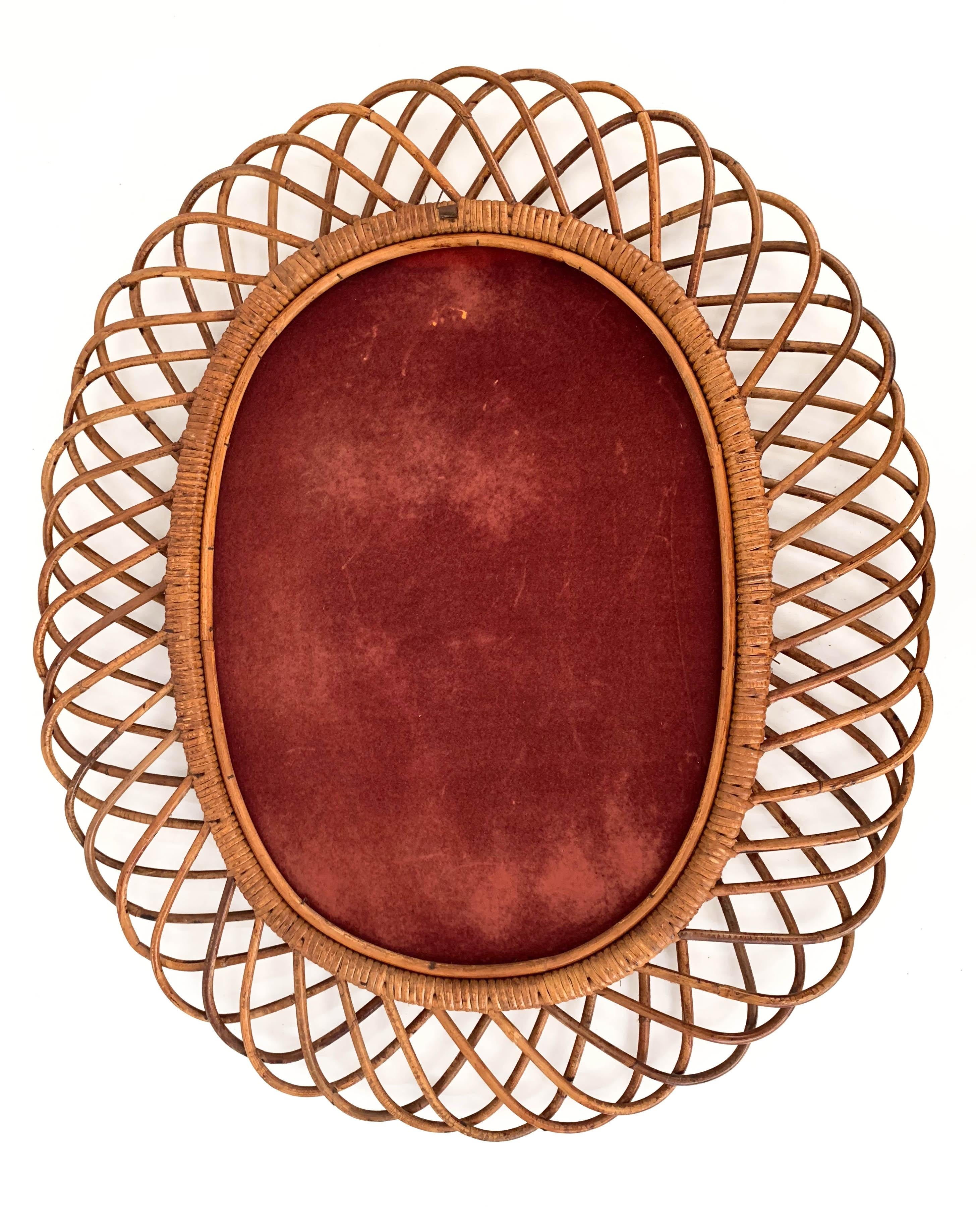 Midcentury Curved Rattan and Bamboo Italian Double Framed Oval Mirror, 1960 6