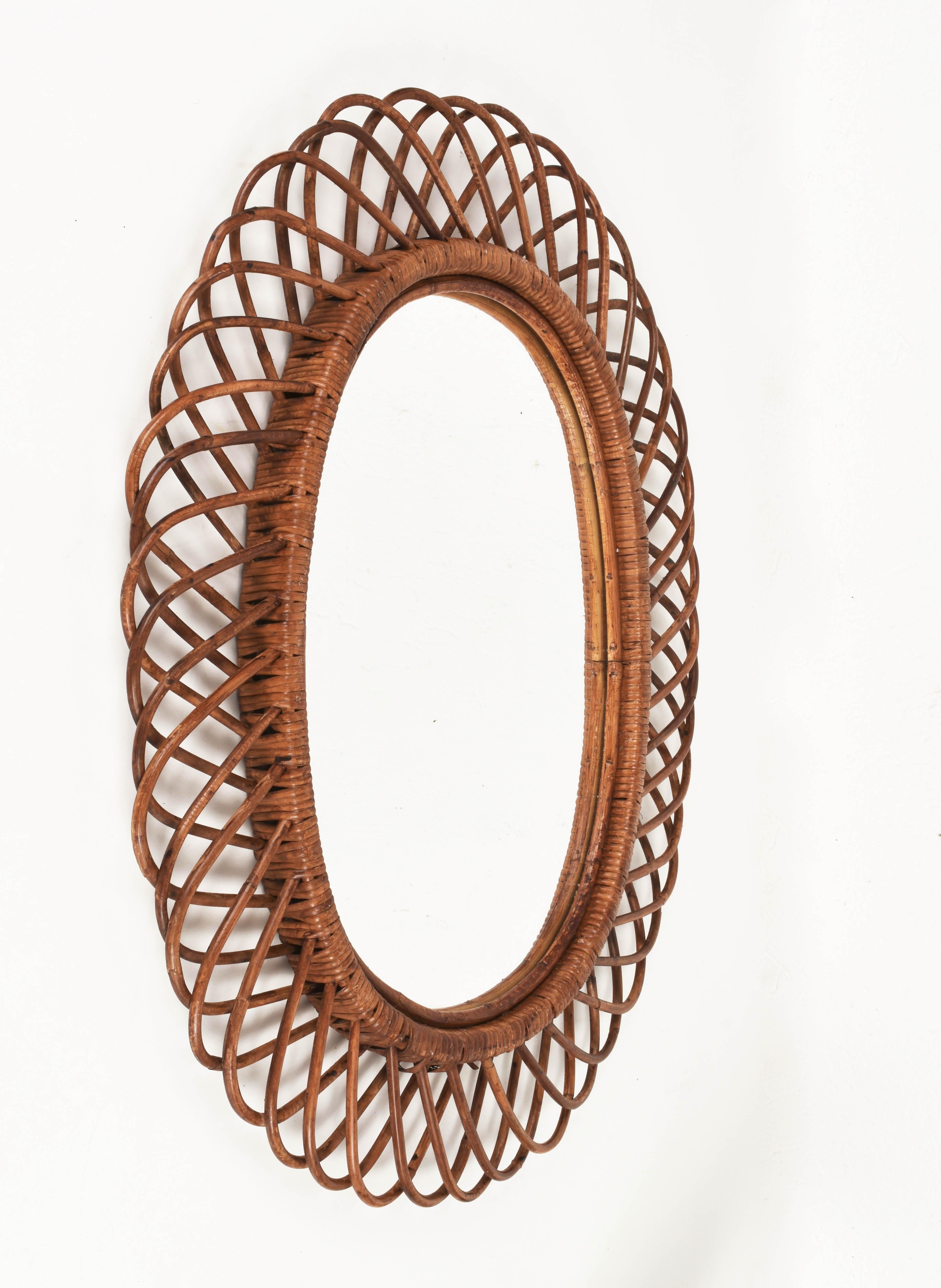 Midcentury Curved Rattan and Bamboo Italian Double Framed Oval Mirror, 1960 8