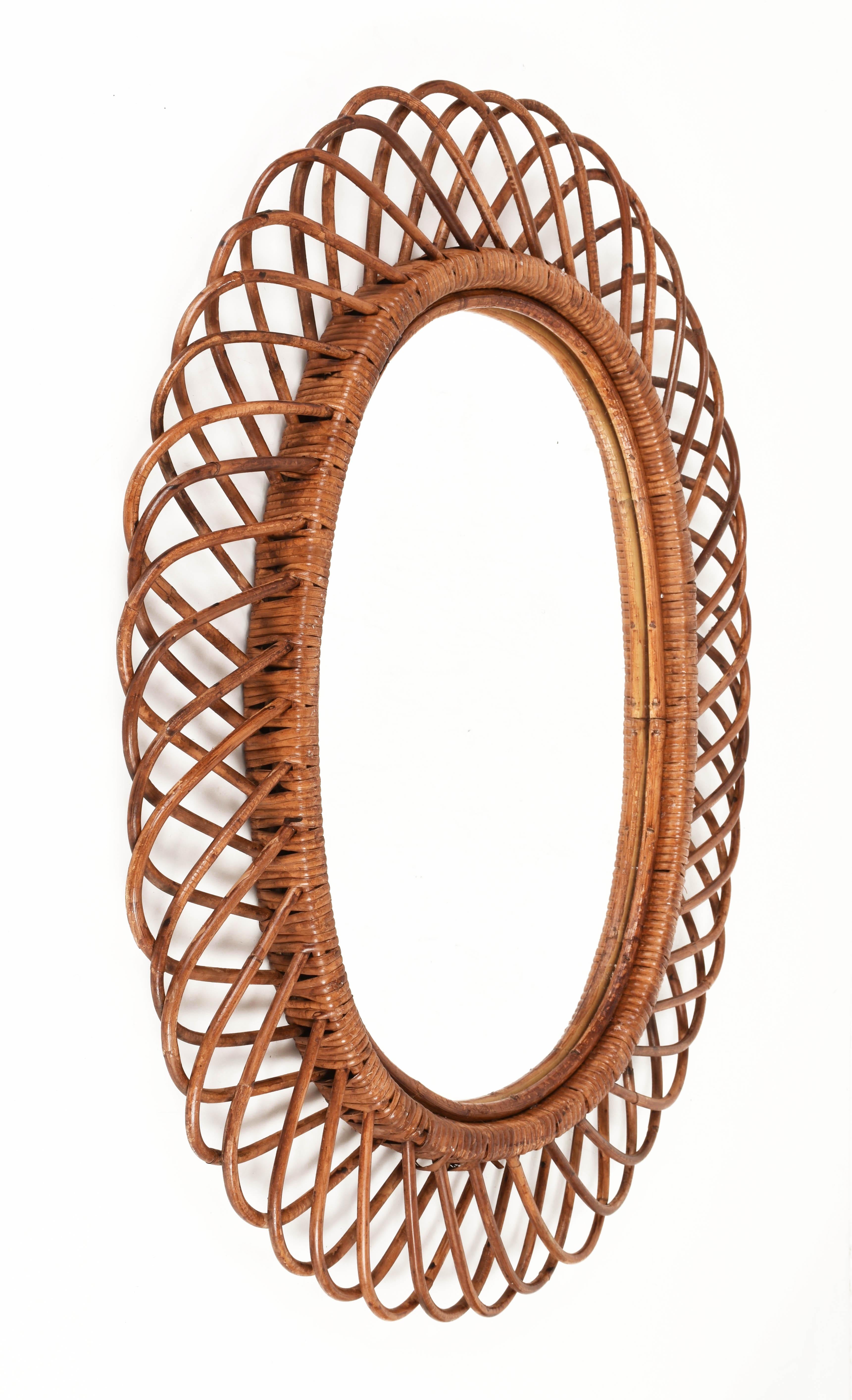 Midcentury Curved Rattan and Bamboo Italian Double Framed Oval Mirror, 1960 10
