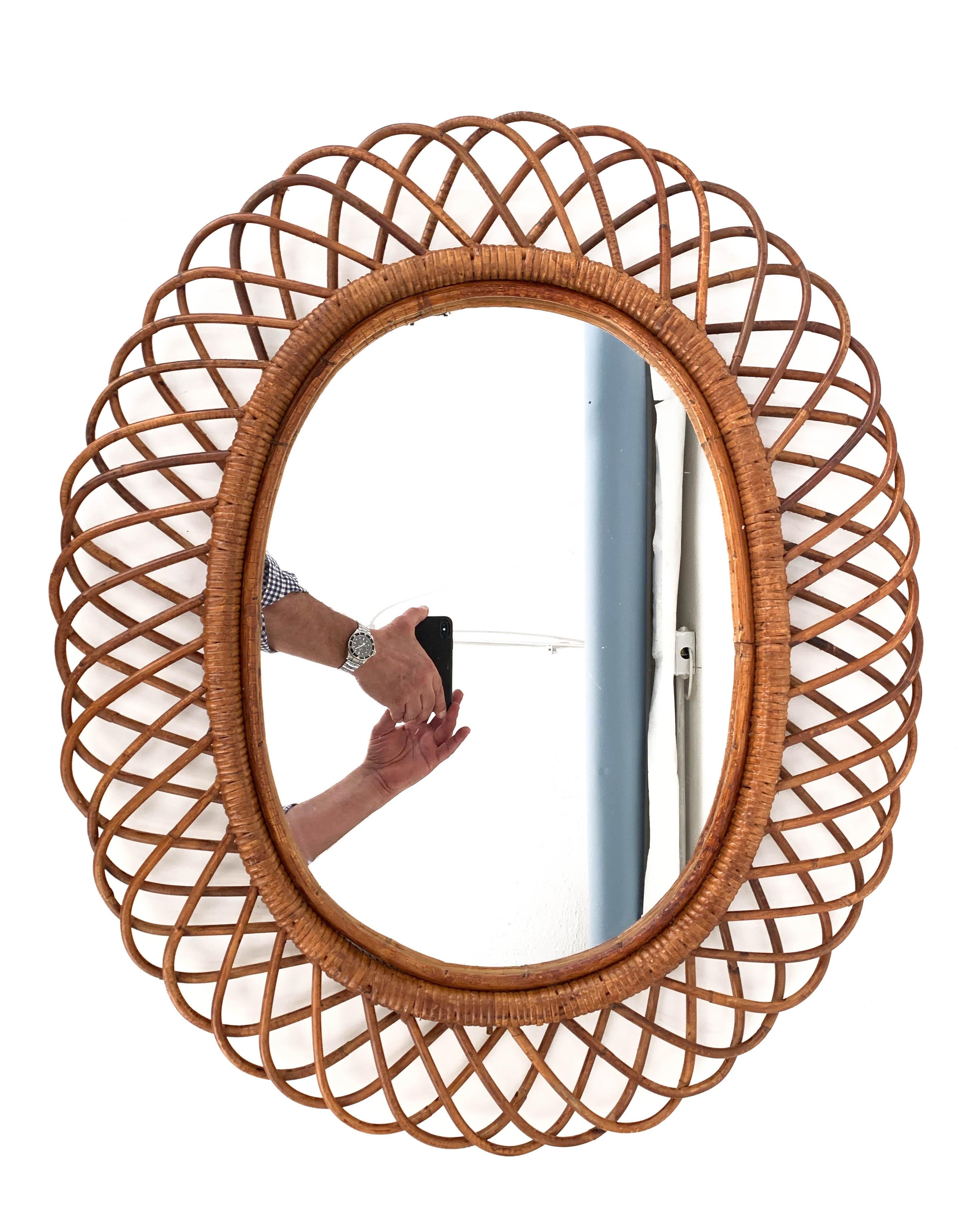 Midcentury Curved Rattan and Bamboo Italian Double Framed Oval Mirror, 1960 12