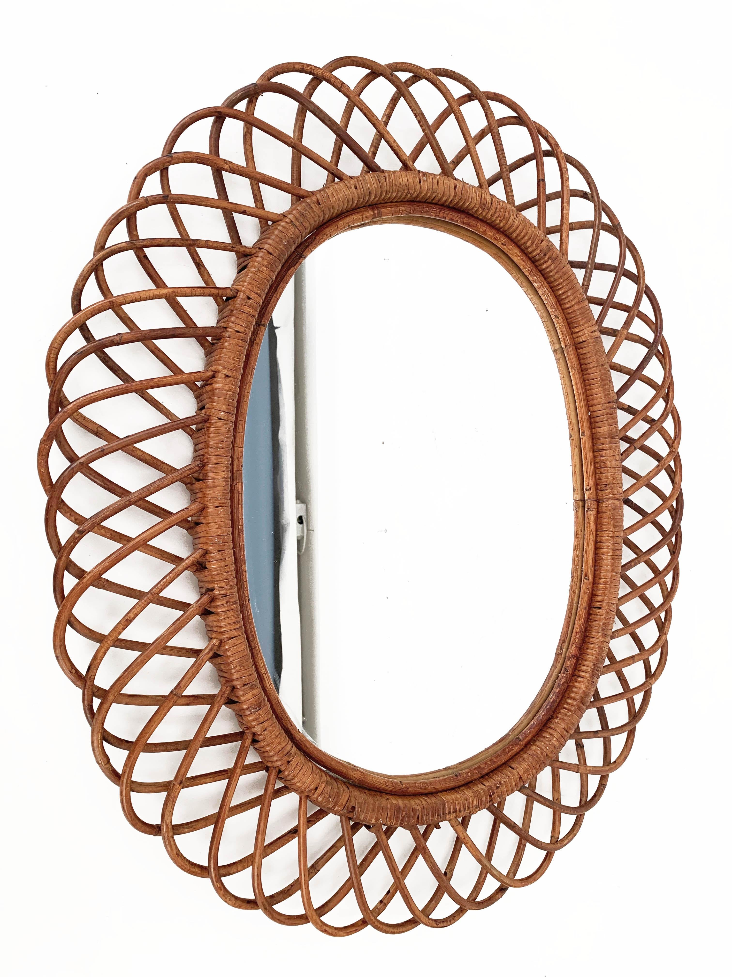Midcentury Curved Rattan and Bamboo Italian Double Framed Oval Mirror, 1960 13