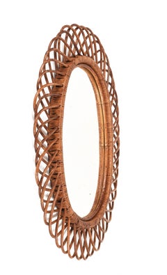 Midcentury Curved Rattan and Bamboo Italian Double Framed Oval Mirror, 1960