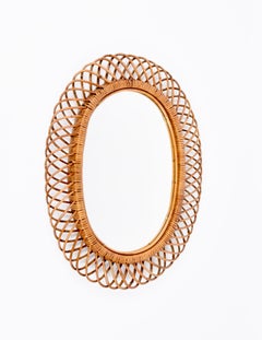 Midcentury Curved Rattan and Bamboo Italian Double Framed Oval Mirror, 1960