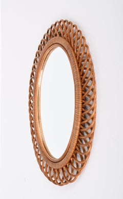 Mid-Century Curved Rattan and Bamboo Italian Double Framed Oval Mirror, 1960