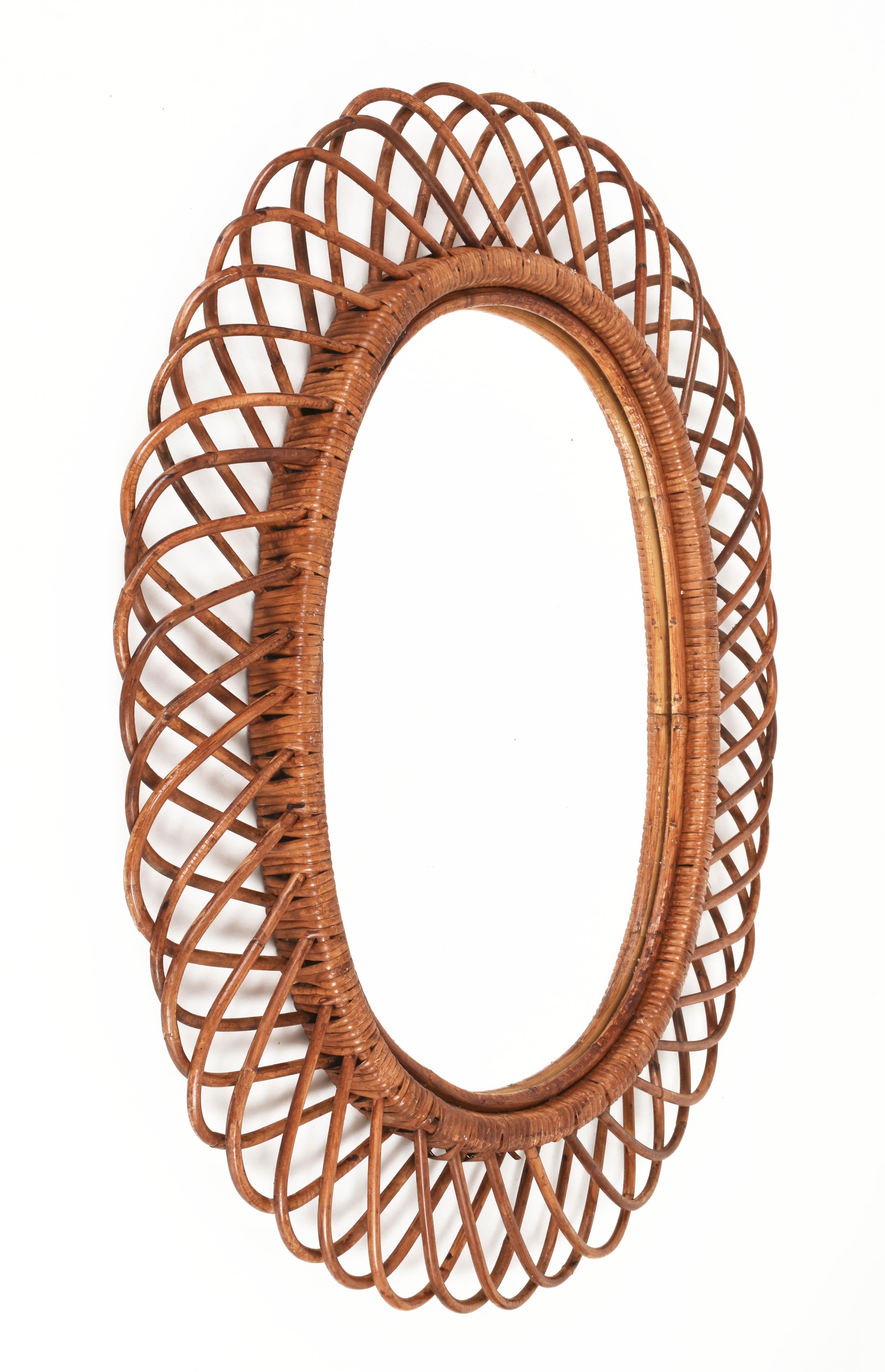 Mid-20th Century Midcentury Curved Rattan and Bamboo Italian Double Framed Oval Mirror, 1960