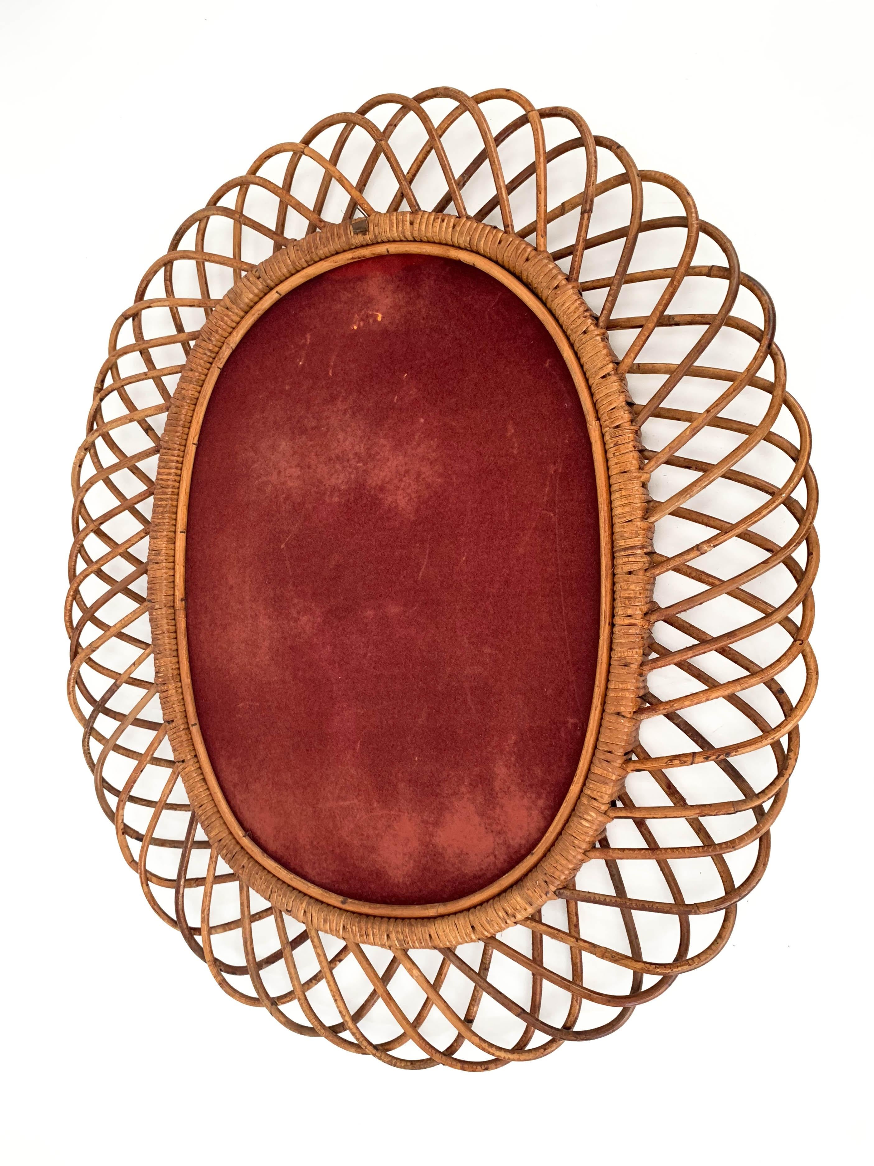 Midcentury Curved Rattan and Bamboo Italian Double Framed Oval Mirror, 1960 3