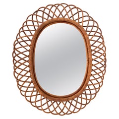 Midcentury Curved Rattan and Bamboo Italian Double Framed Oval Mirror, 1960