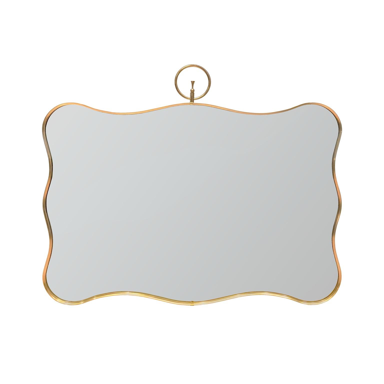 Midcentury Curved Rectangular Brass Mirror with Ring Detail