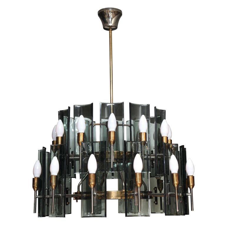 Italian Mid-century 24-Lights Curved Smoked Glass Chandelier
