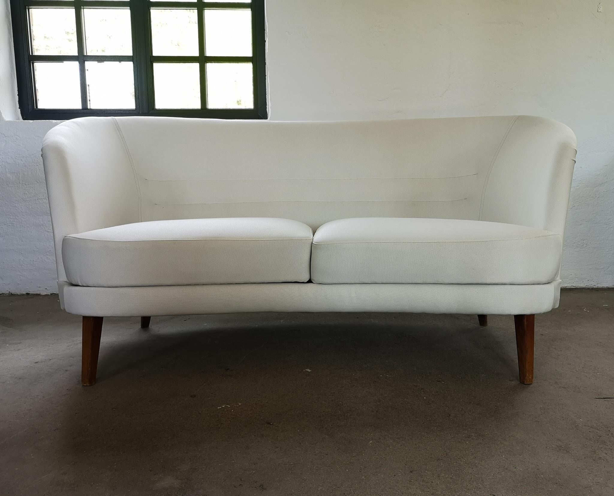 This sofa and chair were made at Olof Persson Fåtöljiundustri in Sweden during the early 1950. The curves on this furniture is amazing. The sofa and chair are both reupholstered with new fabric made in Sweden and work made by professional.

New