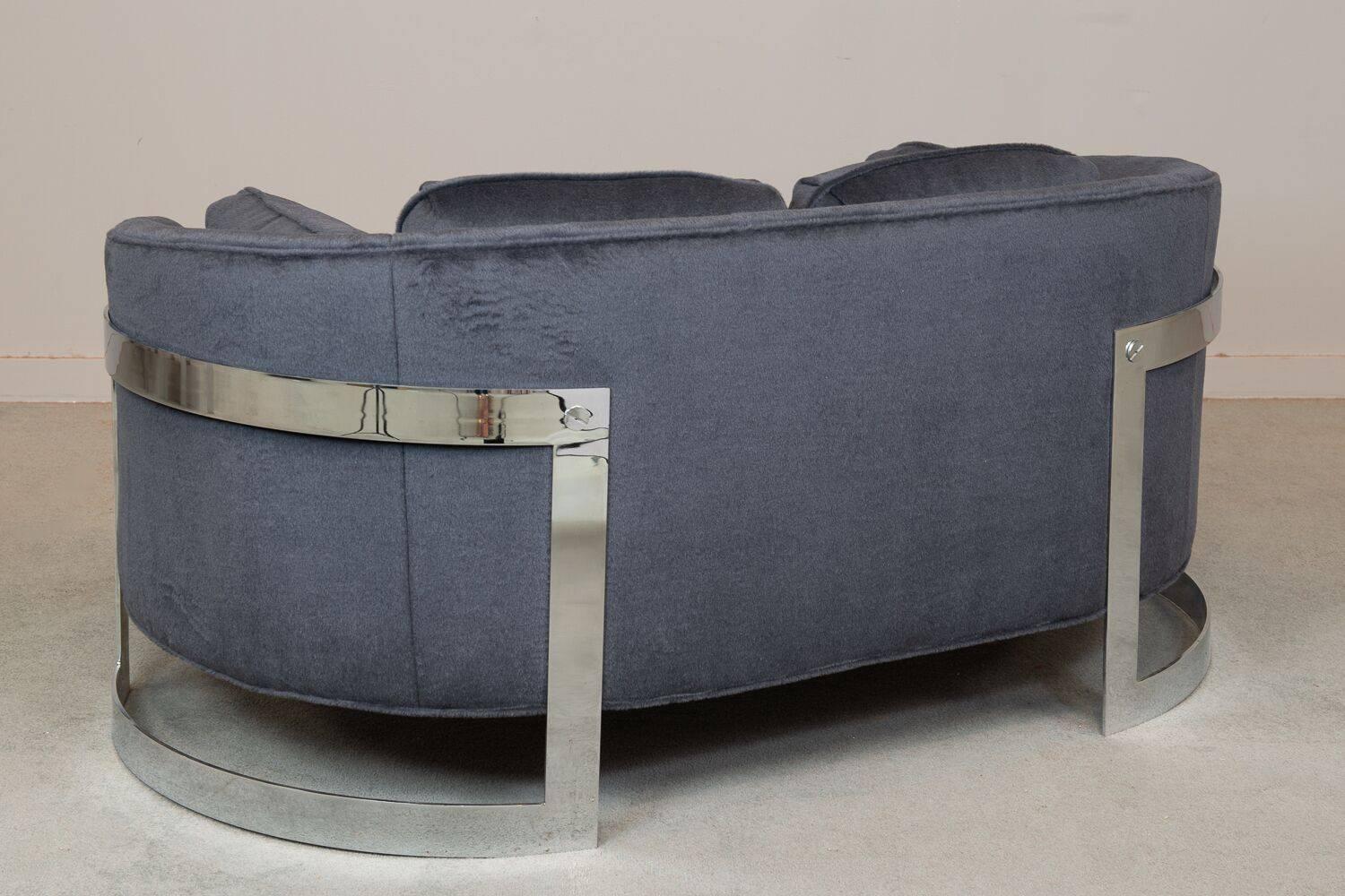 Midcentury curved sofa by Milo Baughman with chrome base and mohair upholstery. Measures: Seat H 18.5