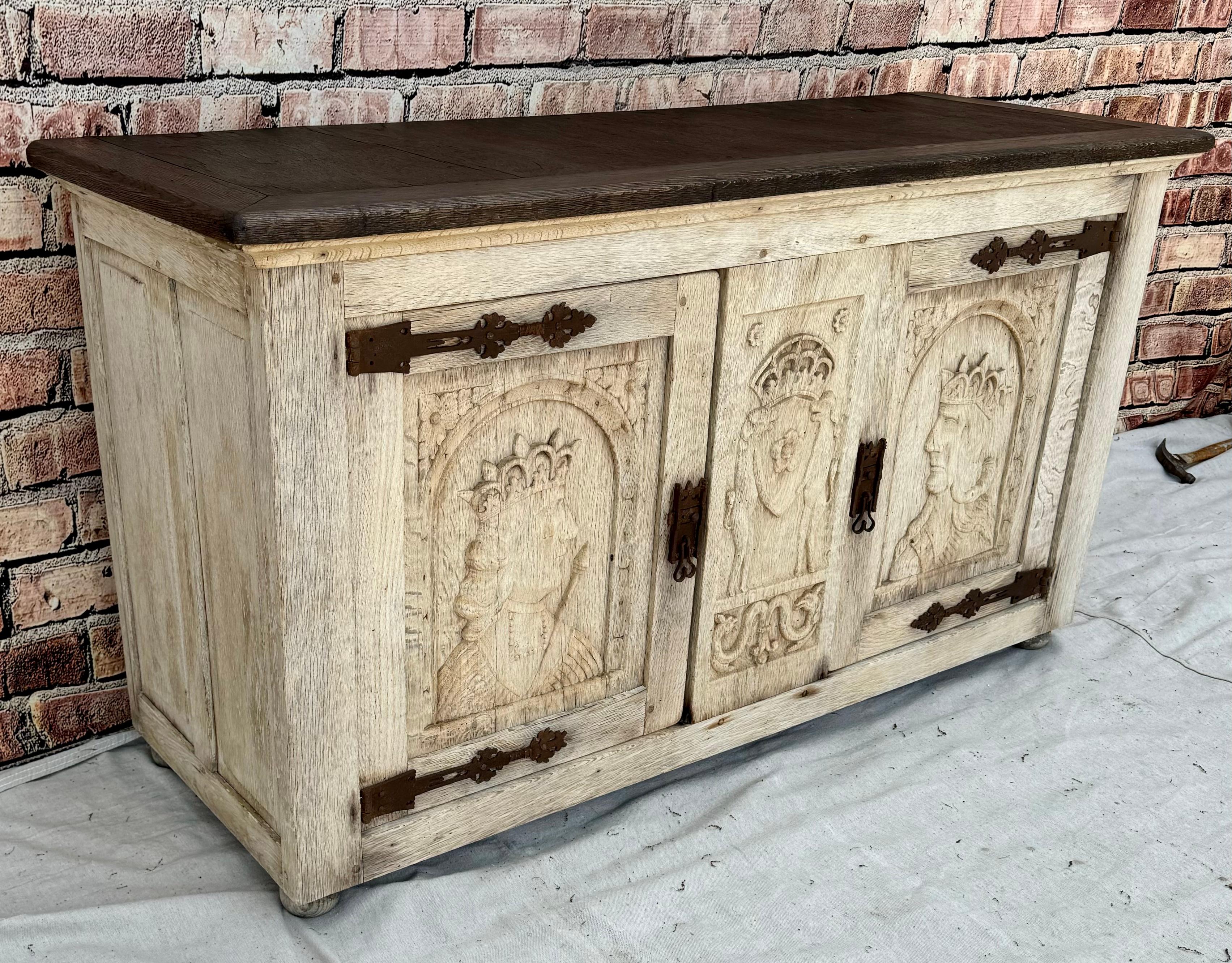 Oak Midcentury Custom Carved and Painted Wood Sideboard For Sale