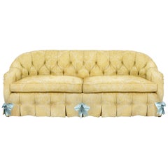 Midcentury Custom Hollywood Regency Tufted Sofa, Chenille Cut Velvet, Skirted