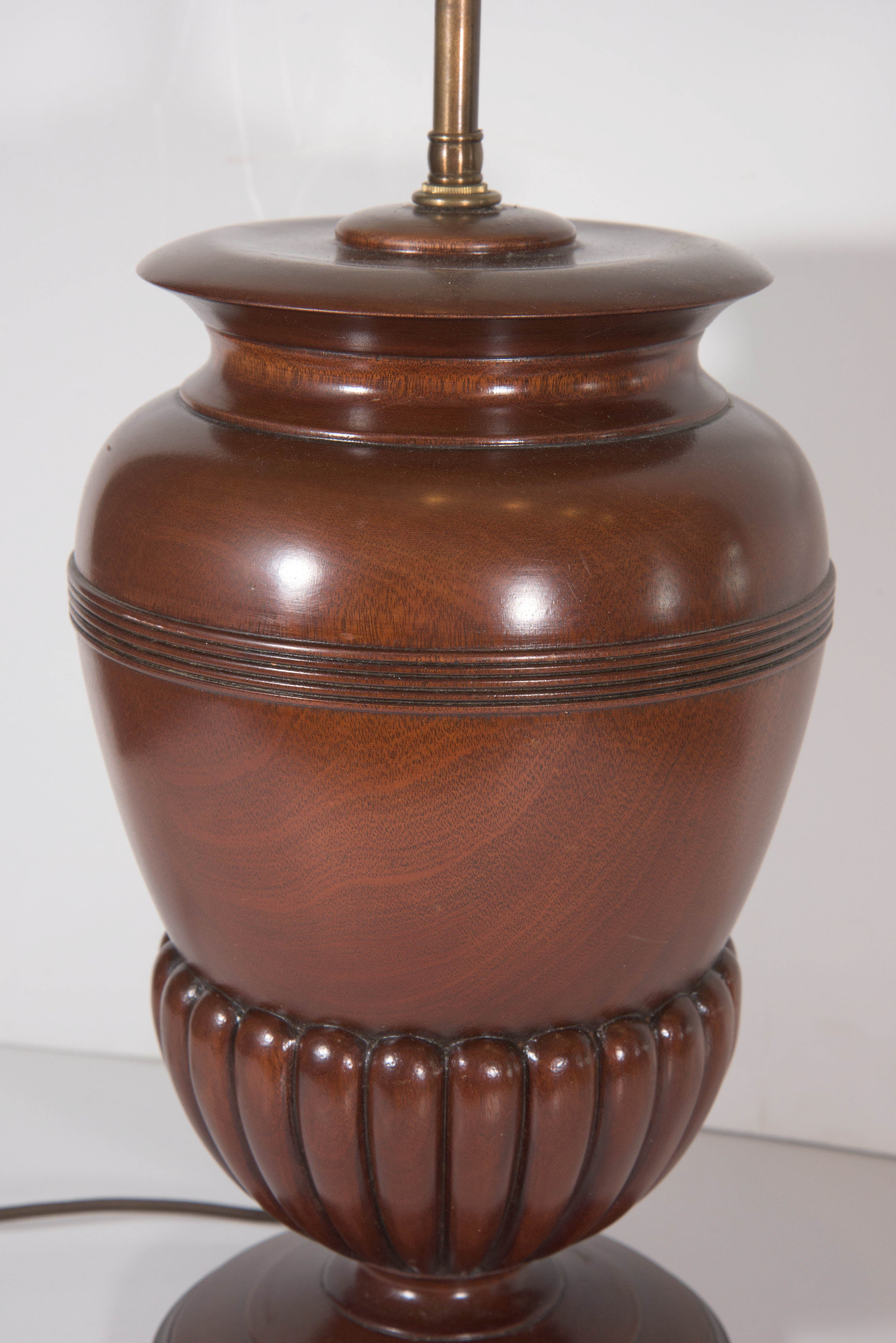 American Midcentury Custom Made Carved Mahogany Urn Table Lamp For Sale