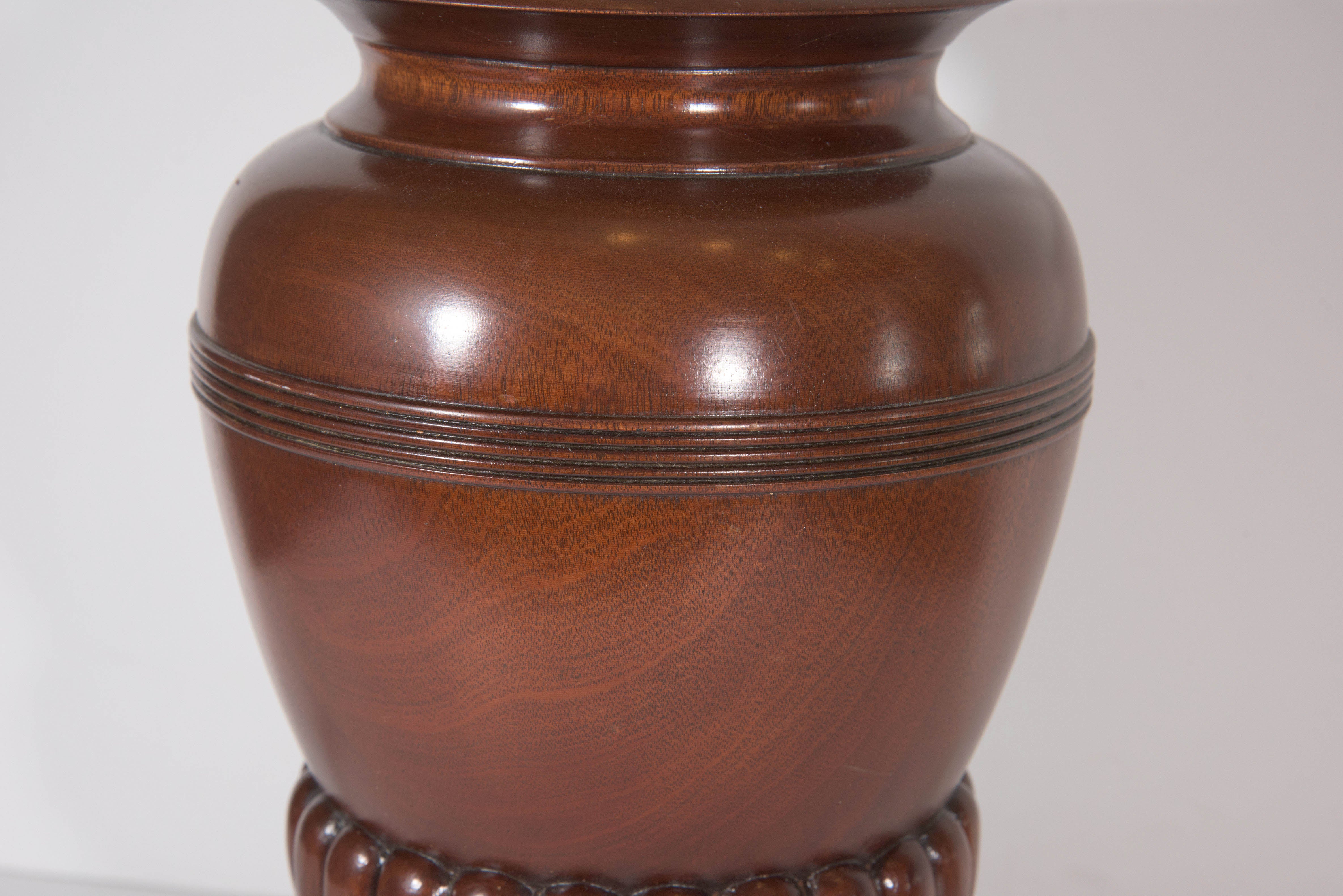 Brass Midcentury Custom Made Carved Mahogany Urn Table Lamp For Sale