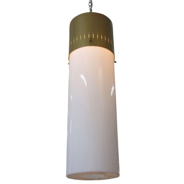 Vintage midcentury hanging lamp featuring a vented gold tone aluminum cap with a white acrylic cylinder shade. 

Price per light
4 lights available.
