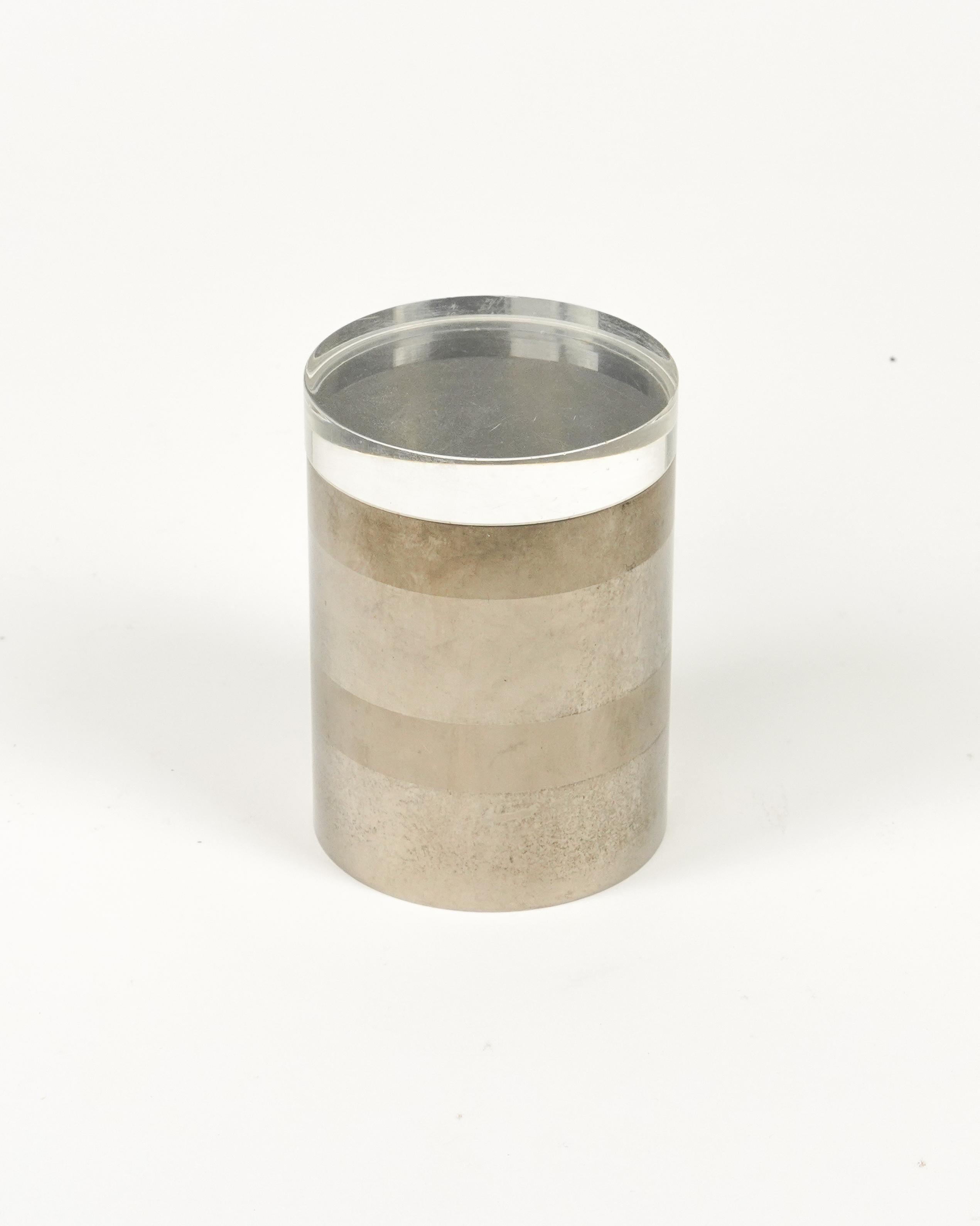 Midcentury amazing  cylindrical decorative box in chrome and lucite attributed to the Italian designer Romeo Rega.  

Made in Italy in the 1970s.  

Beautiful desk accessory or pieces for a coffee table or console. 