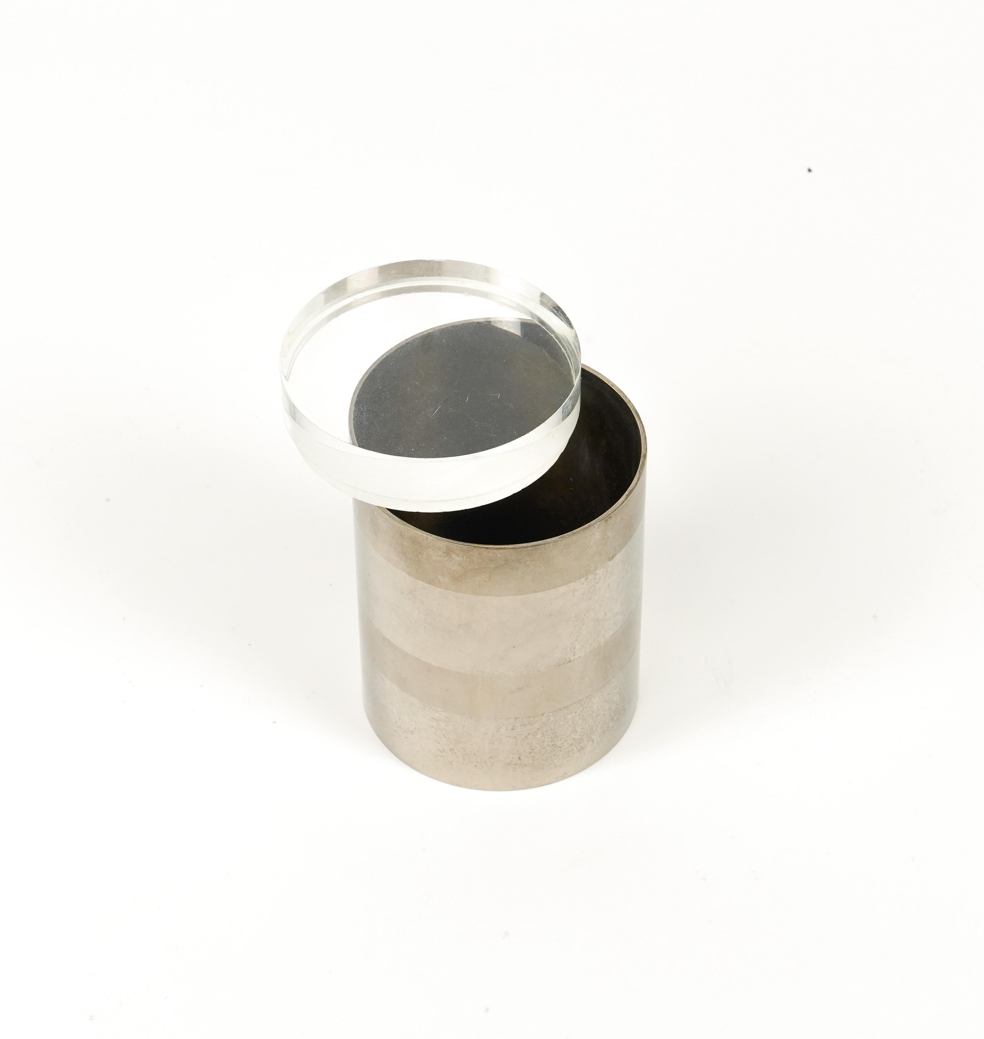 Metal Midcentury Cylindrical Box in Chrome and Lucite Romeo Rega Style, Italy 1970 For Sale