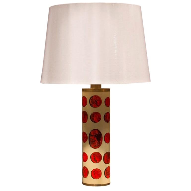 Piero Fornasetti Style Modern Cylindrical Brass Cammei Lamp For Sale