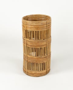 Portaombrelli cilindrico di metà secolo in rattan e bambù, Italia anni '70