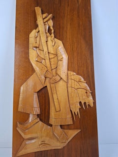 Midcentury Czech Hand-Carved Wooden Shepherd Wall Relief, 1960