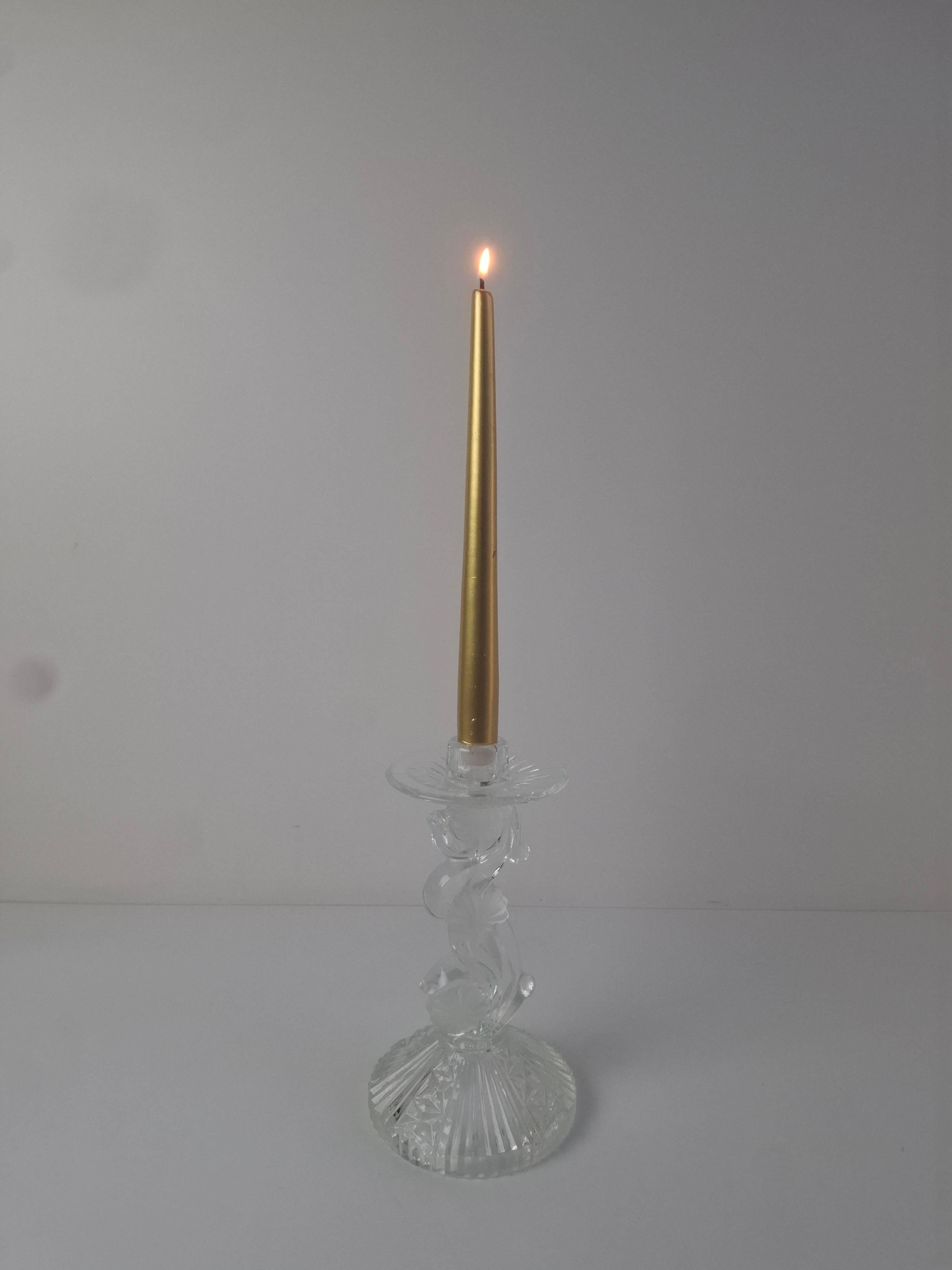 Skulpturaler Kerzenhalter aus geschliffenem tschechoslowakischem Glas, klar, feuerpoliert, Mitte des Jahrhunderts im Angebot 8