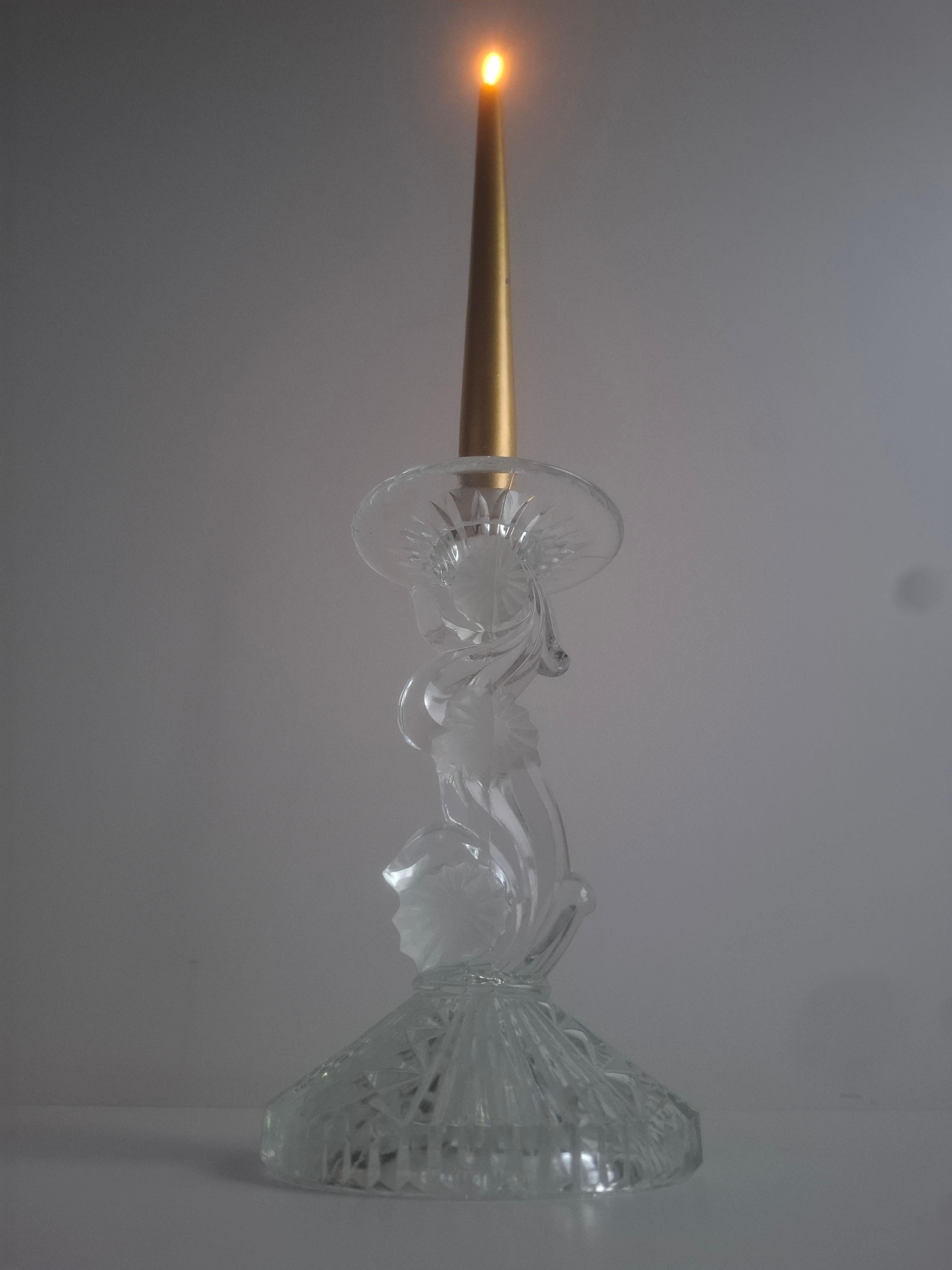 Skulpturaler Kerzenhalter aus geschliffenem tschechoslowakischem Glas, klar, feuerpoliert, Mitte des Jahrhunderts im Angebot 10